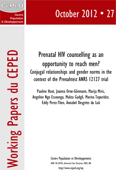 Working Paper 27 : le conseil VIH prénatal comme opportunité pour atteindre les hommes<small class="fine d-inline"> </small>?